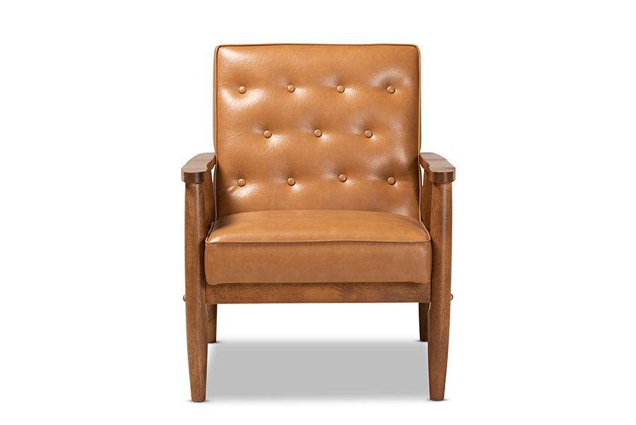 baxton studio sorrento mid century modern tan faux leather upholstered and walnut brown finished wood lounge chair | Modish Furniture Store-3