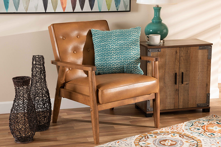 Baxton Studio Sorrento Mid-Century Modern Tan Faux Leather Upholstered and Walnut Brown Finished Wood Lounge Chair | Modishstore | Lounge Chairs