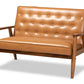 baxton studio sorrento mid century modern tan faux leather upholstered and walnut brown finished wood loveseat | Modish Furniture Store-3