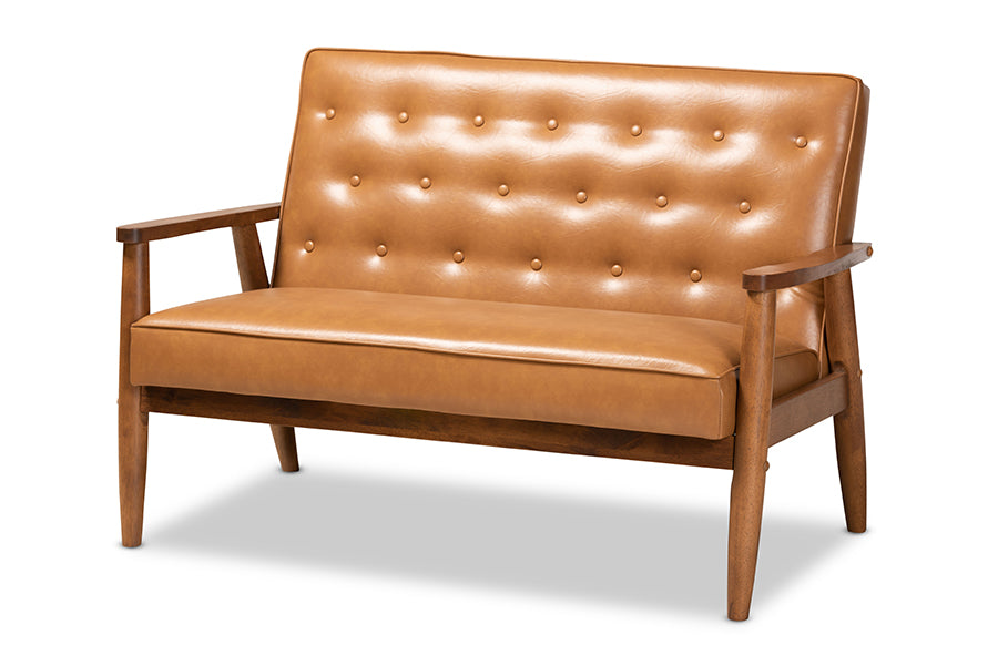 baxton studio sorrento mid century modern tan faux leather upholstered and walnut brown finished wood loveseat | Modish Furniture Store-3