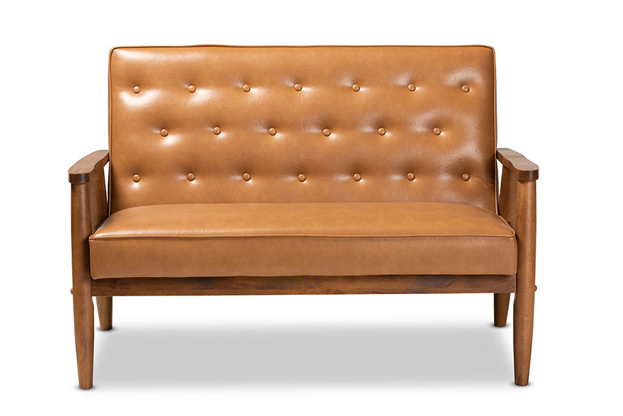 baxton studio sorrento mid century modern tan faux leather upholstered and walnut brown finished wood loveseat | Modish Furniture Store-2