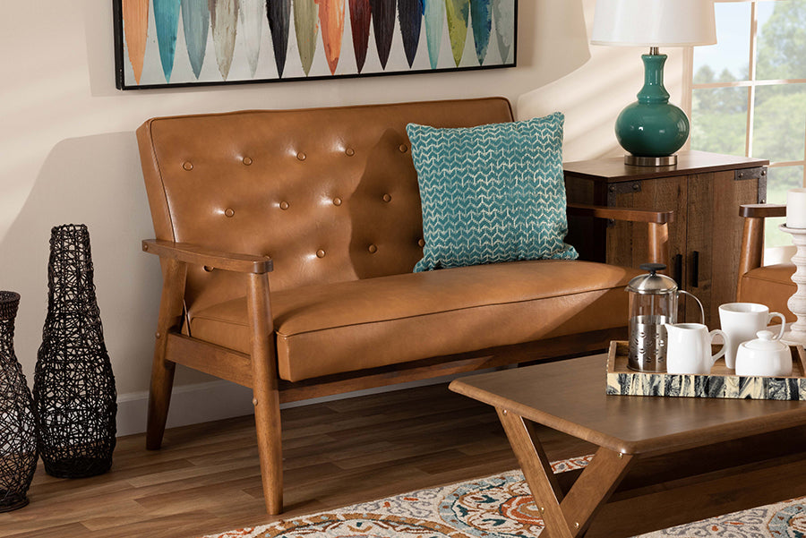 Baxton Studio Sorrento Mid-Century Modern Tan Faux Leather Upholstered and Walnut Brown Finished Wood Loveseat | Modishstore | Loveseats
