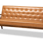 baxton studio sorrento mid century modern tan faux leather upholstered and walnut brown finished wood sofa | Modish Furniture Store-2