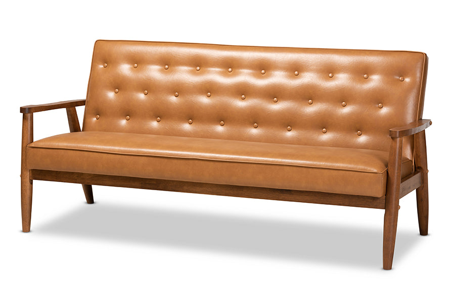 baxton studio sorrento mid century modern tan faux leather upholstered and walnut brown finished wood sofa | Modish Furniture Store-2