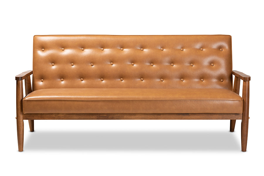 baxton studio sorrento mid century modern tan faux leather upholstered and walnut brown finished wood sofa | Modish Furniture Store-3