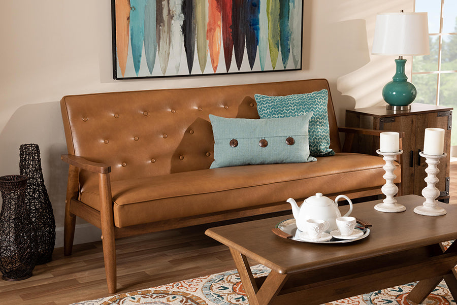 Baxton Studio Sorrento Mid-Century Modern Tan Faux Leather Upholstered and Walnut Brown Finished Wood Sofa | Modishstore | Sofas