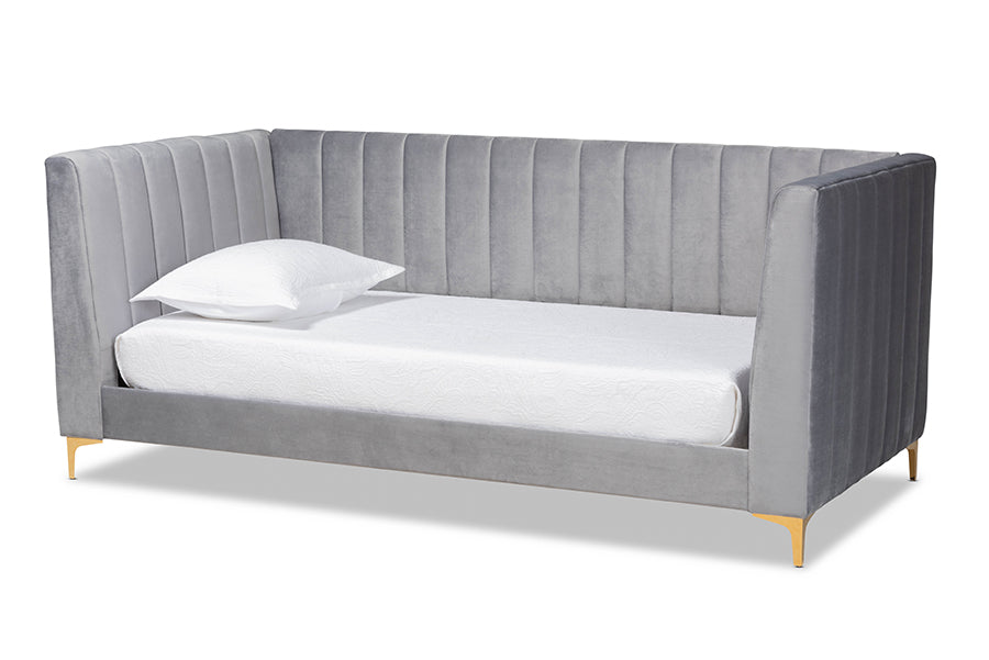 baxton studio oksana modern contemporary glam and luxe light grey velvet fabric upholstered and gold finished twin size daybed | Modish Furniture Store-2