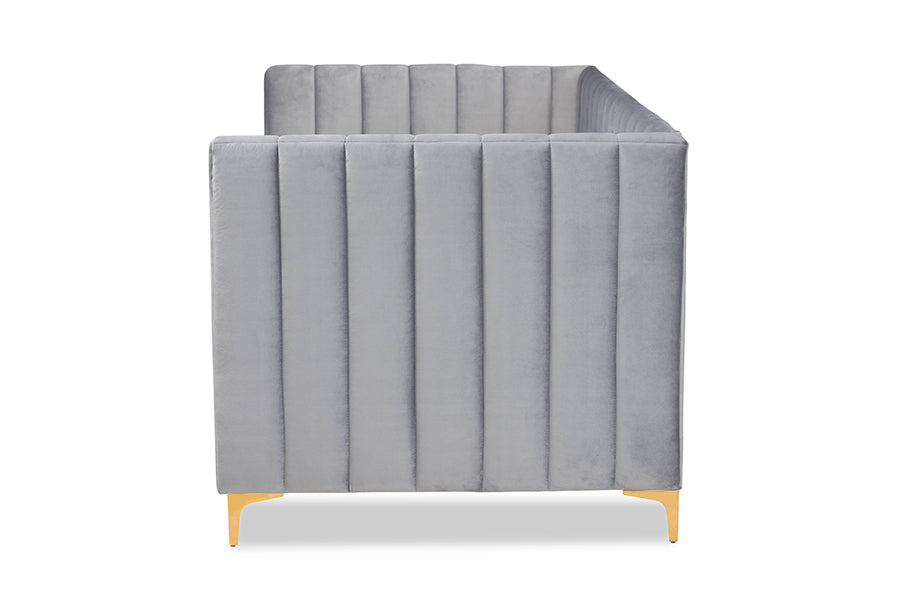 baxton studio oksana modern contemporary glam and luxe light grey velvet fabric upholstered and gold finished twin size daybed | Modish Furniture Store-3
