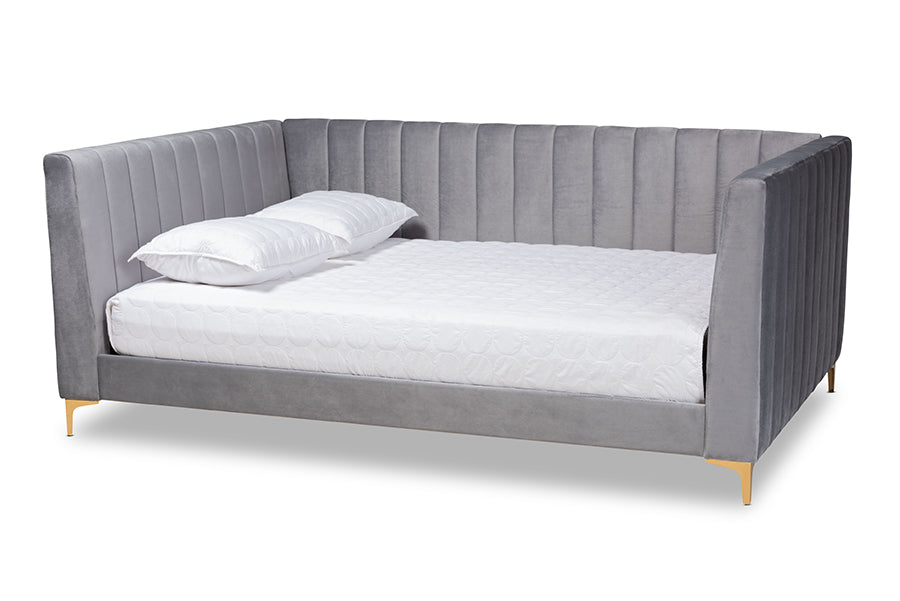 baxton studio oksana modern contemporary glam and luxe light grey velvet fabric upholstered and gold finished queen size daybed | Modish Furniture Store-2
