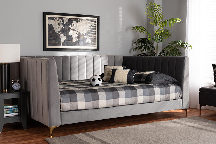 Baxton Studio Oksana Modern Contemporary Glam and Luxe Light Grey Velvet Fabric Upholstered and Gold Finished Full Size Daybed | Modishstore | Beds