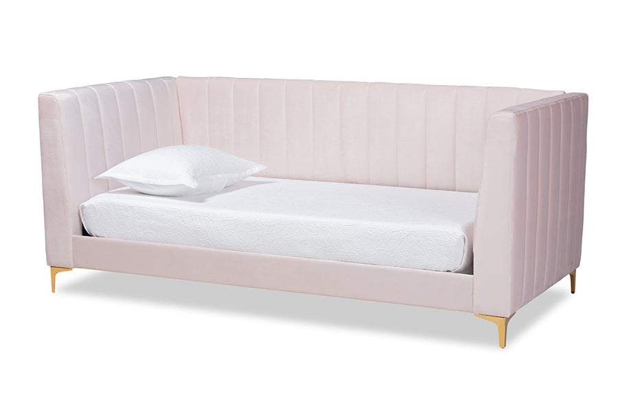 baxton studio oksana modern contemporary glam and luxe light pink velvet fabric upholstered and gold finished twin size daybed | Modish Furniture Store-2