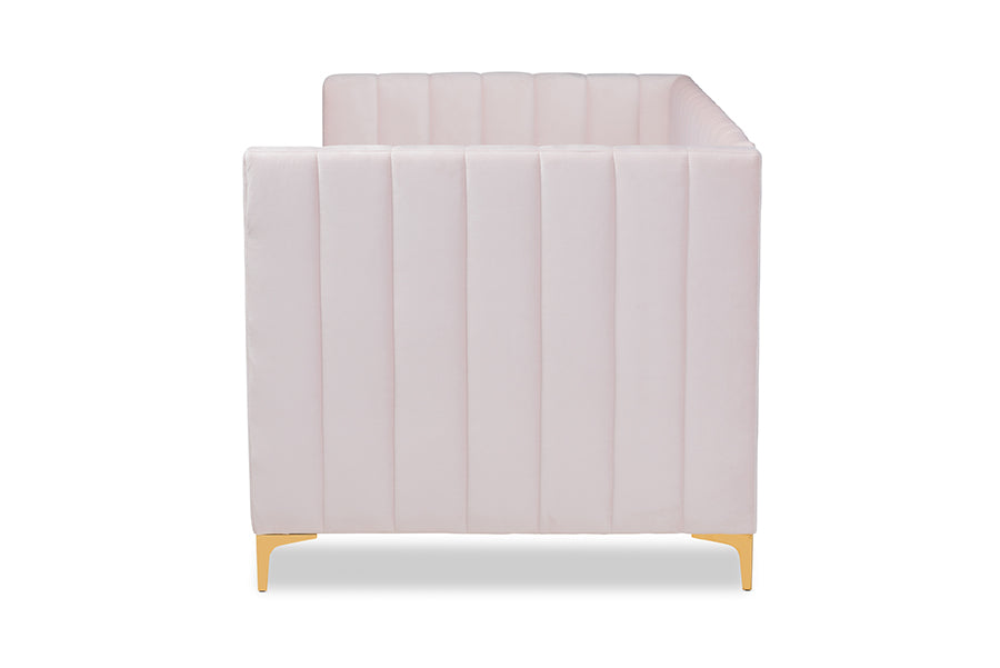 baxton studio oksana modern contemporary glam and luxe light pink velvet fabric upholstered and gold finished twin size daybed | Modish Furniture Store-3