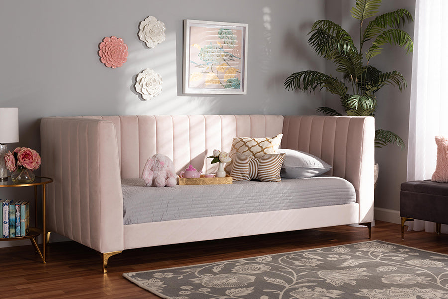 Baxton Studio Oksana Modern Contemporary Glam and Luxe Light Pink Velvet Fabric Upholstered and Gold Finished Twin Size Daybed | Modishstore | Beds