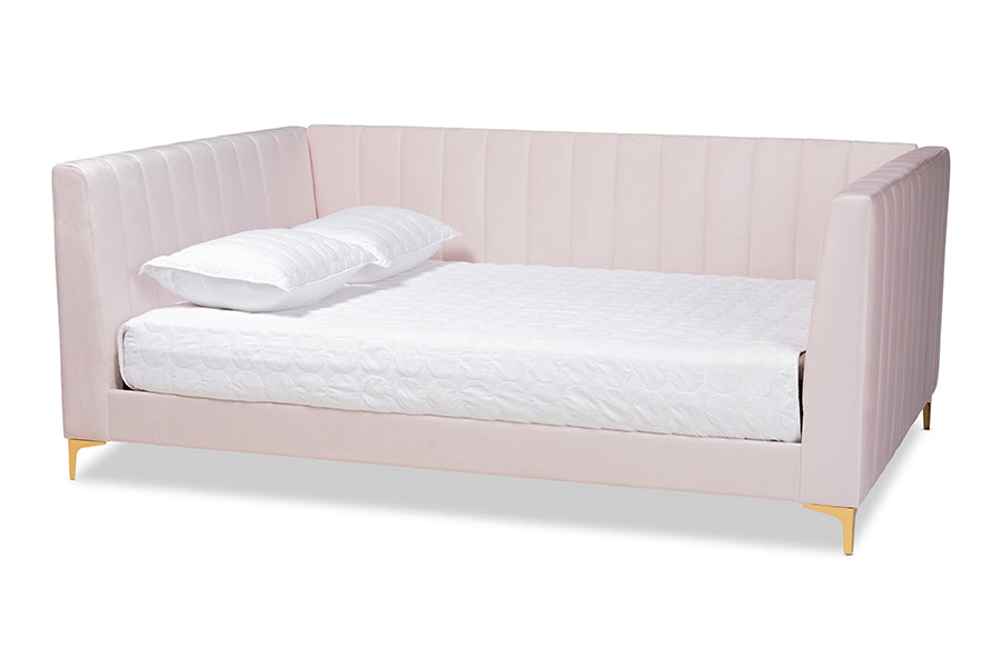 baxton studio oksana modern contemporary glam and luxe light pink velvet fabric upholstered and gold finished queen size daybed | Modish Furniture Store-2