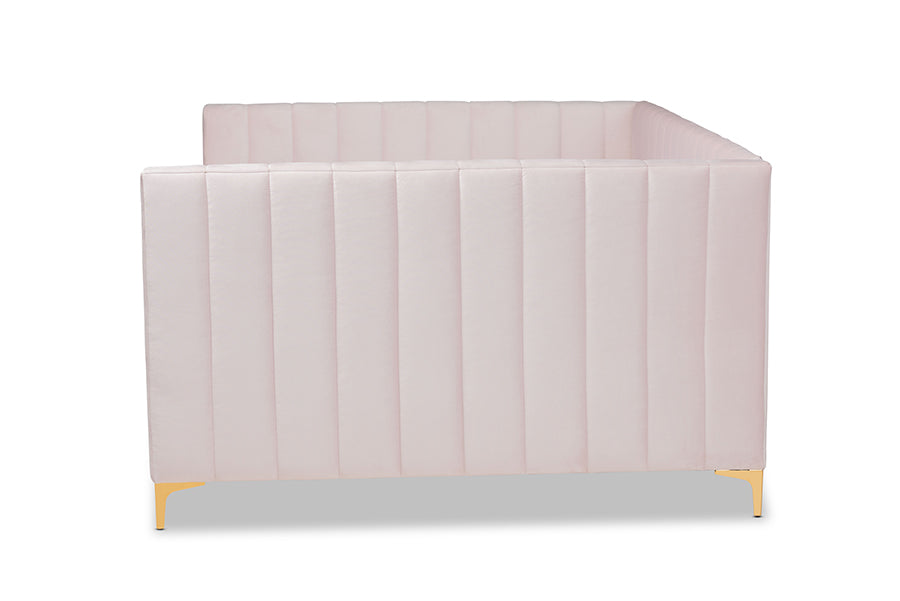 baxton studio oksana modern contemporary glam and luxe light pink velvet fabric upholstered and gold finished queen size daybed | Modish Furniture Store-3