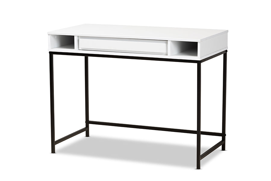 baxton studio cargan modern and contemporary white finished wood and black metal 1 drawer desk | Modish Furniture Store-2