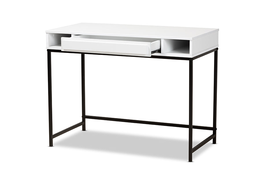 baxton studio cargan modern and contemporary white finished wood and black metal 1 drawer desk | Modish Furniture Store-3
