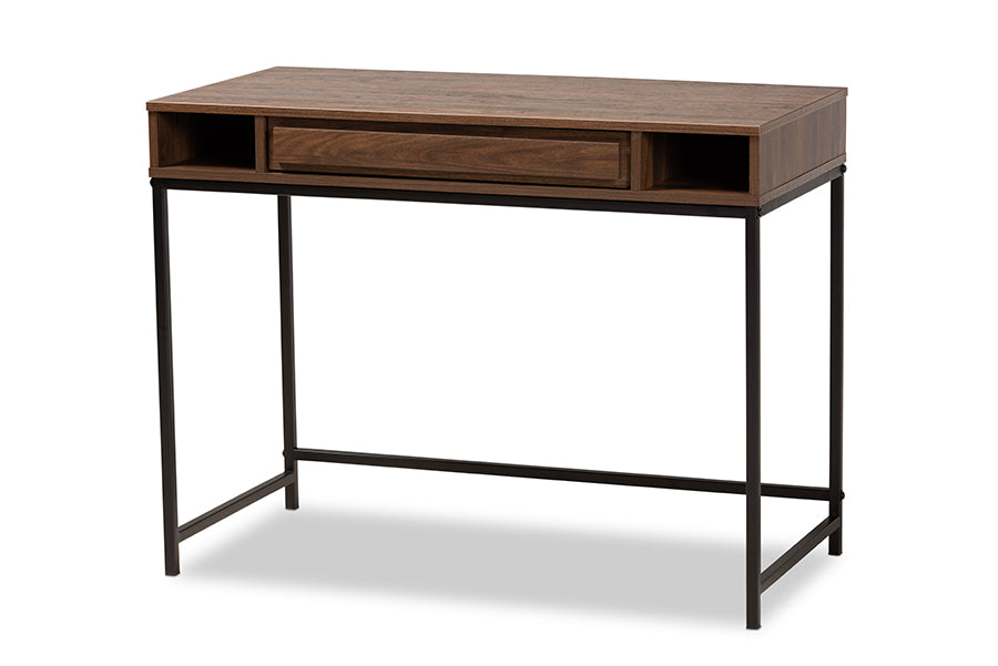 baxton studio cargan modern and contemporary walnut brown finished wood and black metal 1 drawer desk | Modish Furniture Store-2