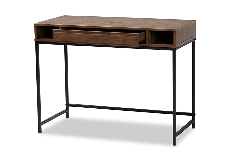 baxton studio cargan modern and contemporary walnut brown finished wood and black metal 1 drawer desk | Modish Furniture Store-3