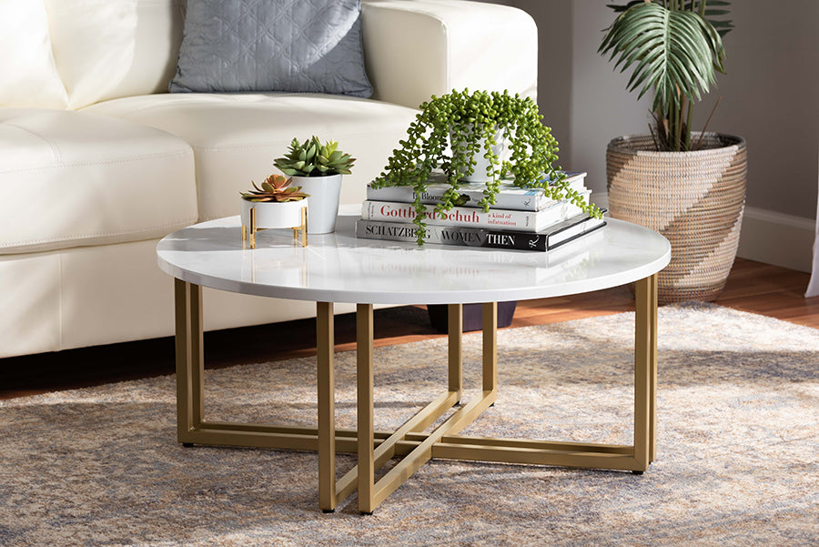 Baxton Studio Maeve Modern and Contemporary Gold Finished Metal Coffee Table With Faux Marble Tabletop | Coffee Tables | Modishstore - 2