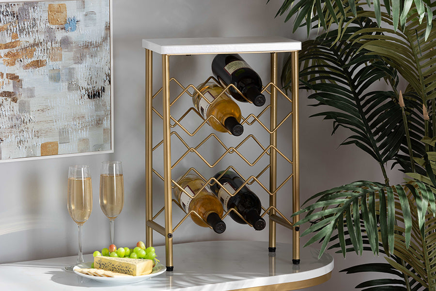 Baxton Studio Ramona Modern and Contemporary Gold Finished Metal Wine Rack With Faux Marble Tabletop | Cabinets | Modishstore - 2