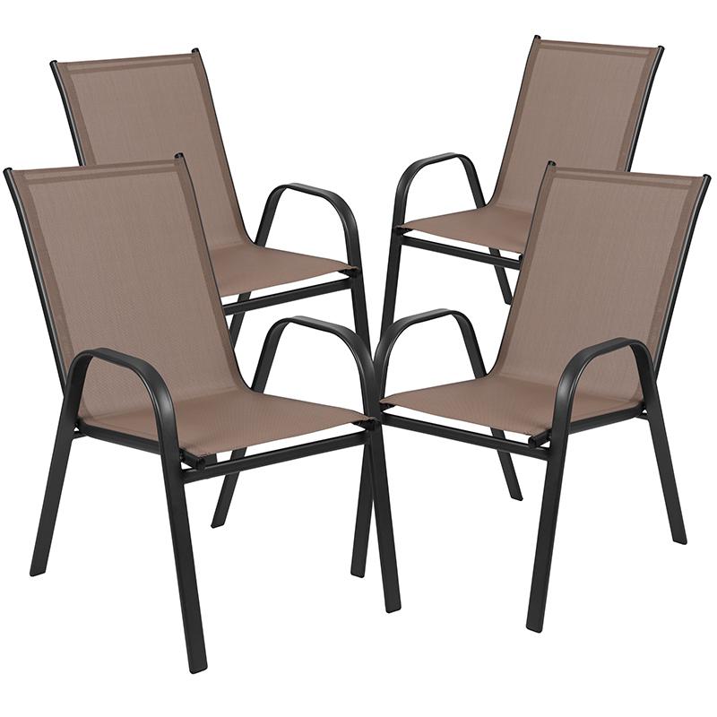 4 Pack Brazos Series Brown Outdoor Stack Chair With Flex Comfort Material And Metal Frame By Flash Furniture | Dining Chairs | Modishstore - 3