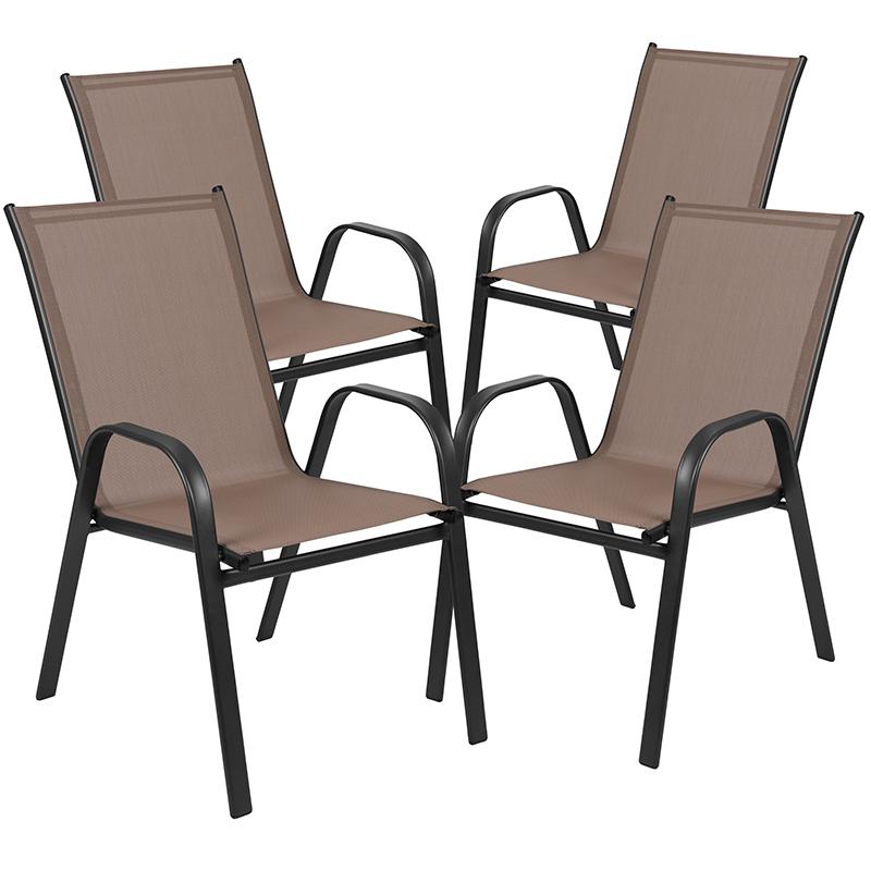 4 Pack Brazos Series Brown Outdoor Stack Chair With Flex Comfort Material And Metal Frame By Flash Furniture | Outdoor Chairs | Modishstore - 3