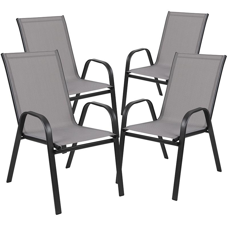 4 Pack Brazos Series Gray Outdoor Stack Chair With Flex Comfort Material And Metal Frame By Flash Furniture | Outdoor Chairs | Modishstore - 3