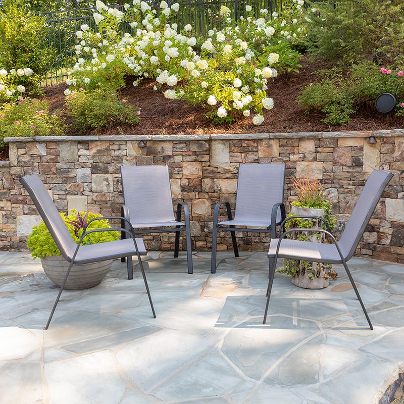 4 Pack Brazos Series Gray Outdoor Stack Chair With Flex Comfort Material And Metal Frame By Flash Furniture | Outdoor Chairs | Modishstore - 1