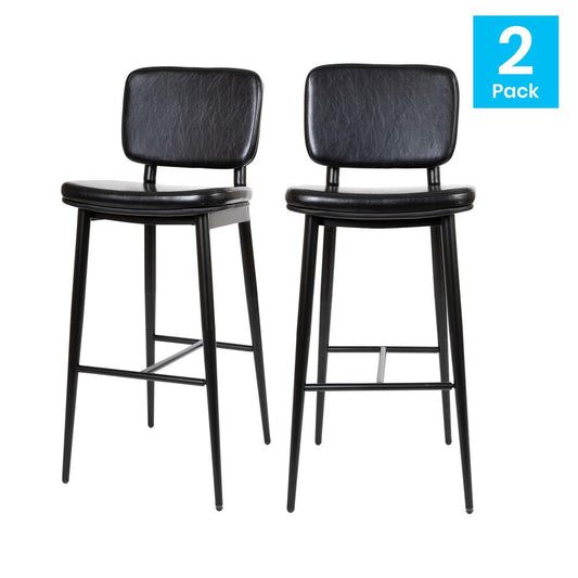 Kenzie Commercial Grade Mid-Back Barstools - Black Leathersoft Upholstery - Black Iron Frame With Integrated Footrest - Set Of 2 By Flash Furniture | Bar Stools | Modishstore