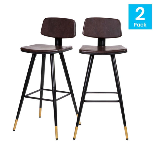 Kora Commercial Grade Low Back Barstools-Brown Leathersoft Upholstery-Black Iron Frame-Integrated Footrest-Gold Tipped Legs-Set Of 2 By Flash Furniture | Bar Stools | Modishstore
