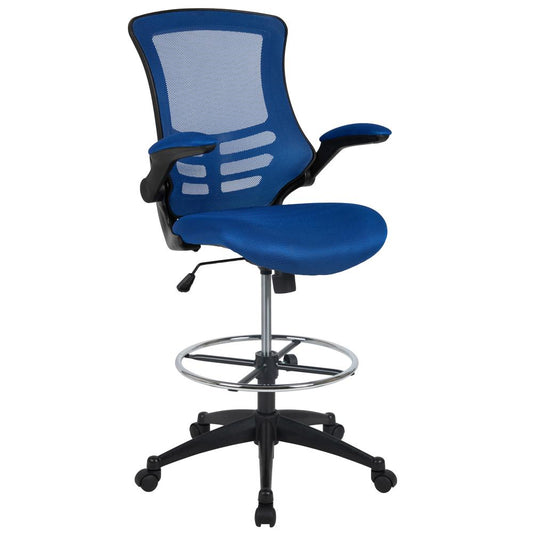 Mid-Back Blue Mesh Ergonomic Drafting Chair With Adjustable Foot Ring And Flip-Up Arms By Flash Furniture | Office Chairs | Modishstore