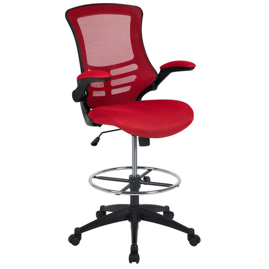 Mid-Back Red Mesh Ergonomic Drafting Chair With Adjustable Foot Ring And Flip-Up Arms By Flash Furniture | Office Chairs | Modishstore