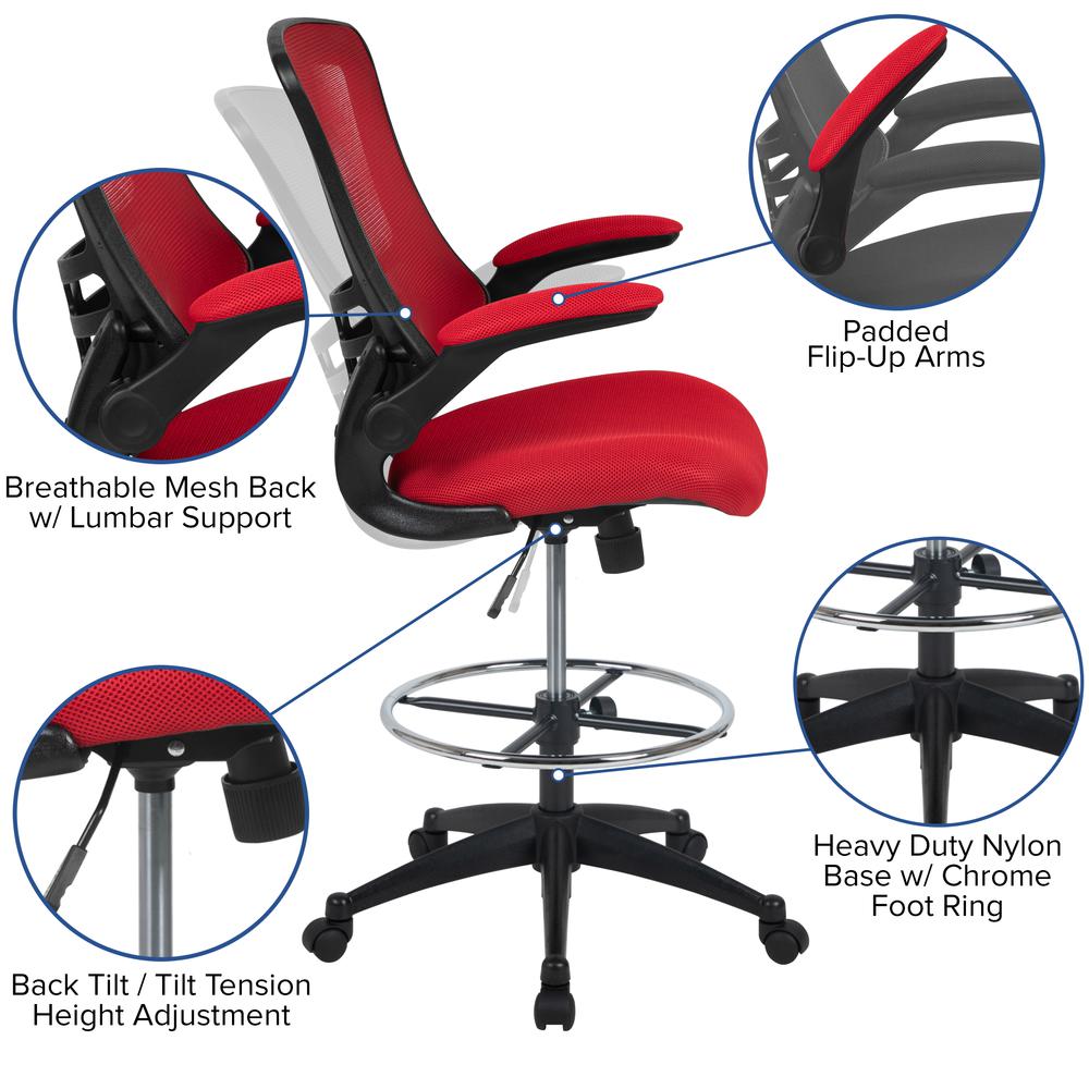 Mid-Back Red Mesh Ergonomic Drafting Chair With Adjustable Foot Ring And Flip-Up Arms By Flash Furniture | Office Chairs | Modishstore - 3
