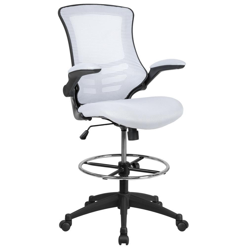 Mid-Back White Mesh Ergonomic Drafting Chair With Adjustable Foot Ring And Flip-Up Arms By Flash Furniture | Office Chairs | Modishstore - 1