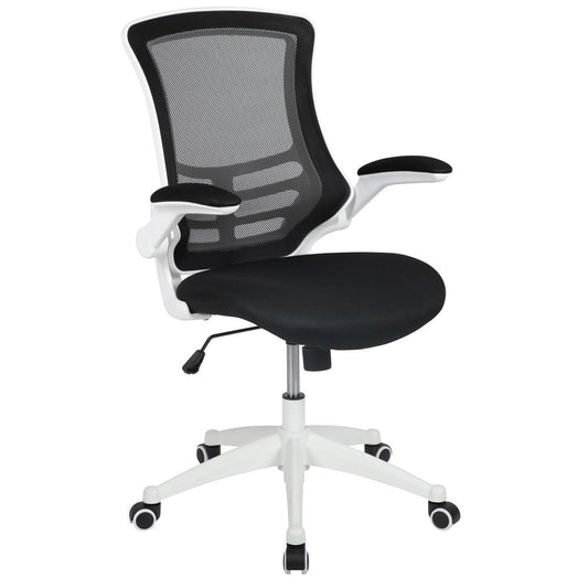 Mid-Back Black Mesh Swivel Ergonomic Task Office Chair With White Frame And Flip-Up Arms By Flash Furniture | Office Chairs | Modishstore