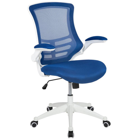Mid-Back Blue Mesh Swivel Ergonomic Task Office Chair With White Frame And Flip-Up Arms By Flash Furniture | Office Chairs | Modishstore