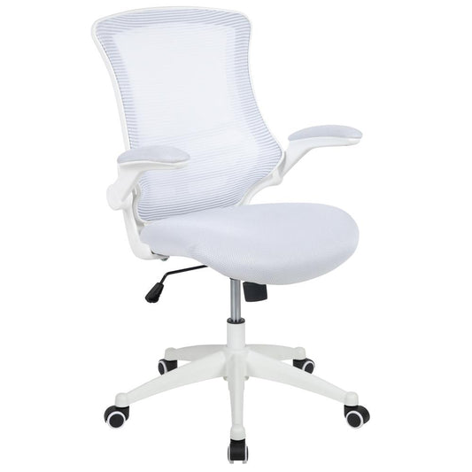 Mid-Back White Mesh Swivel Ergonomic Task Office Chair With White Frame And Flip-Up Arms By Flash Furniture | Office Chairs | Modishstore