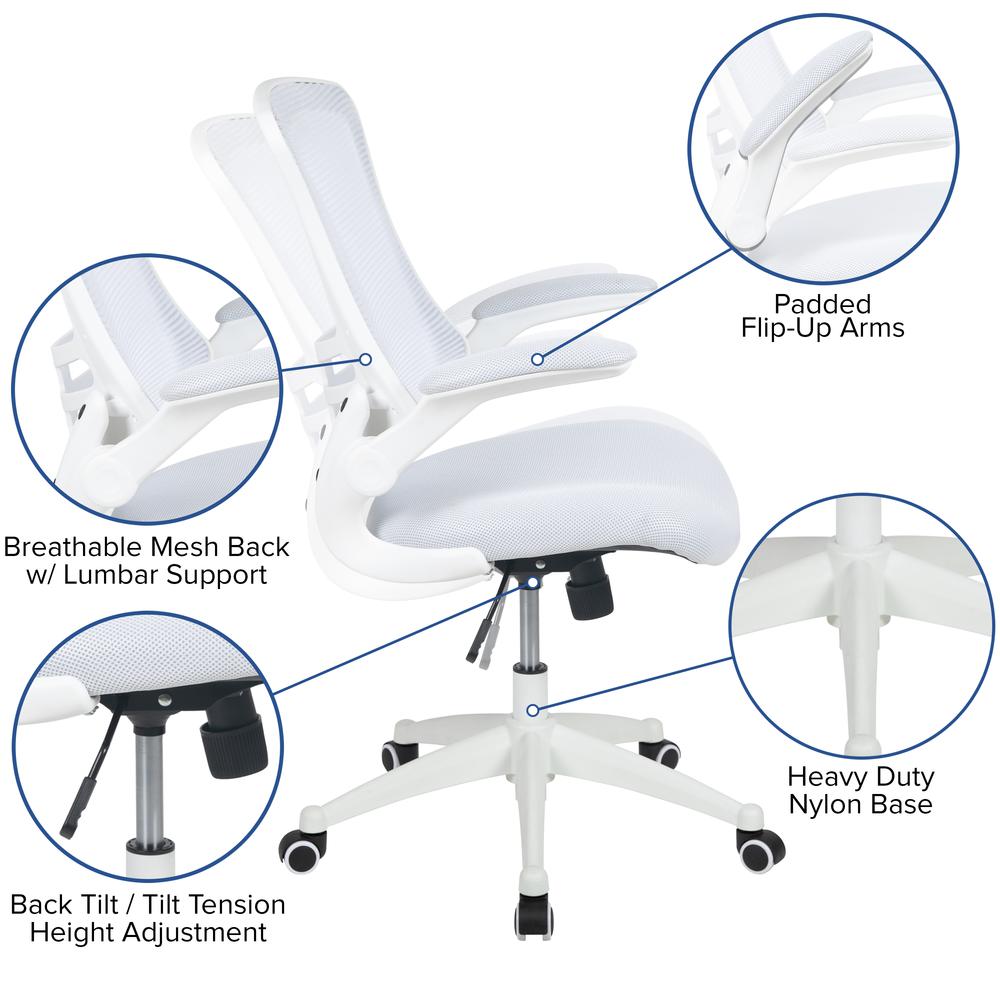 Mid-Back White Mesh Swivel Ergonomic Task Office Chair With White Frame And Flip-Up Arms By Flash Furniture | Office Chairs | Modishstore - 3