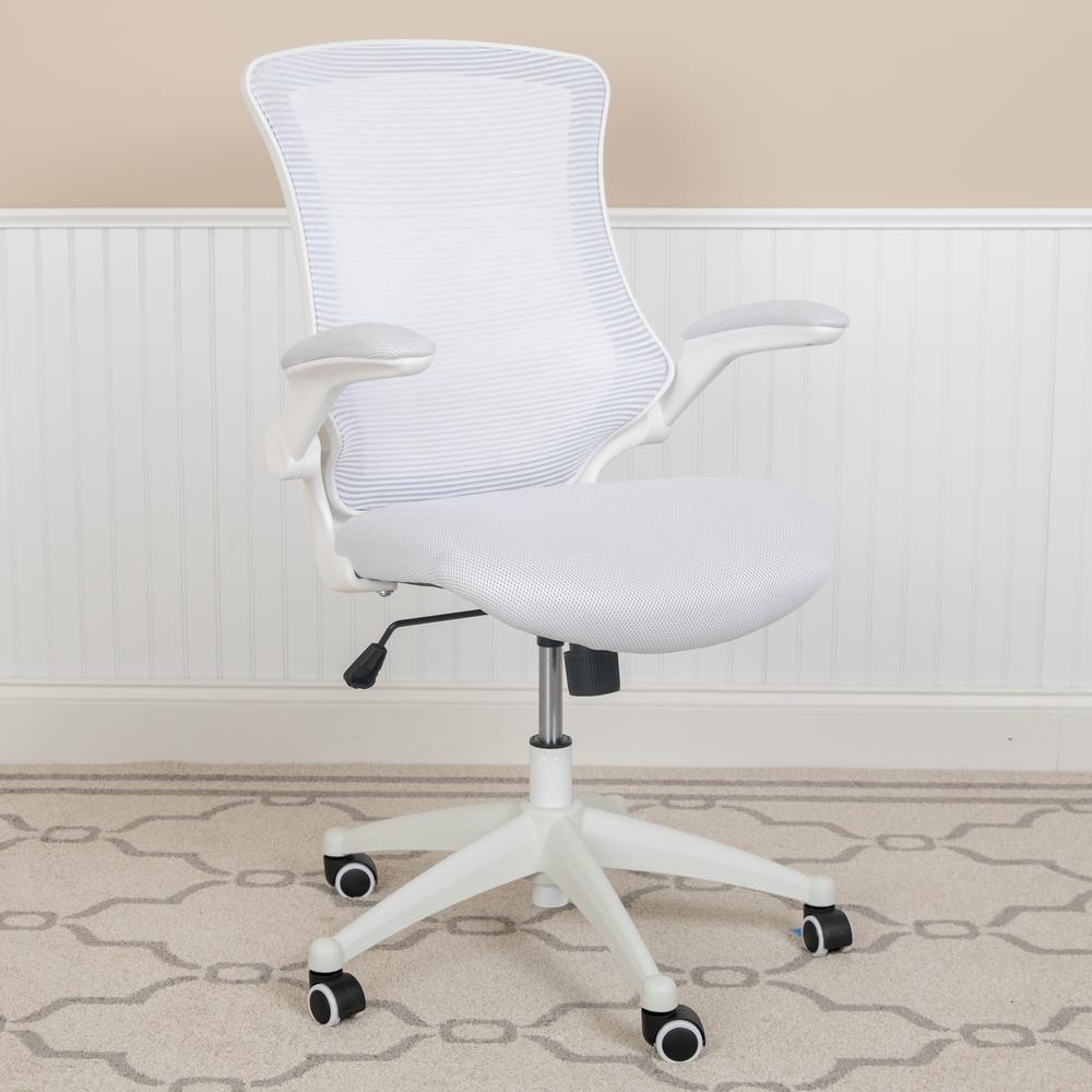 Mid-Back White Mesh Swivel Ergonomic Task Office Chair With White Frame And Flip-Up Arms By Flash Furniture | Office Chairs | Modishstore - 2