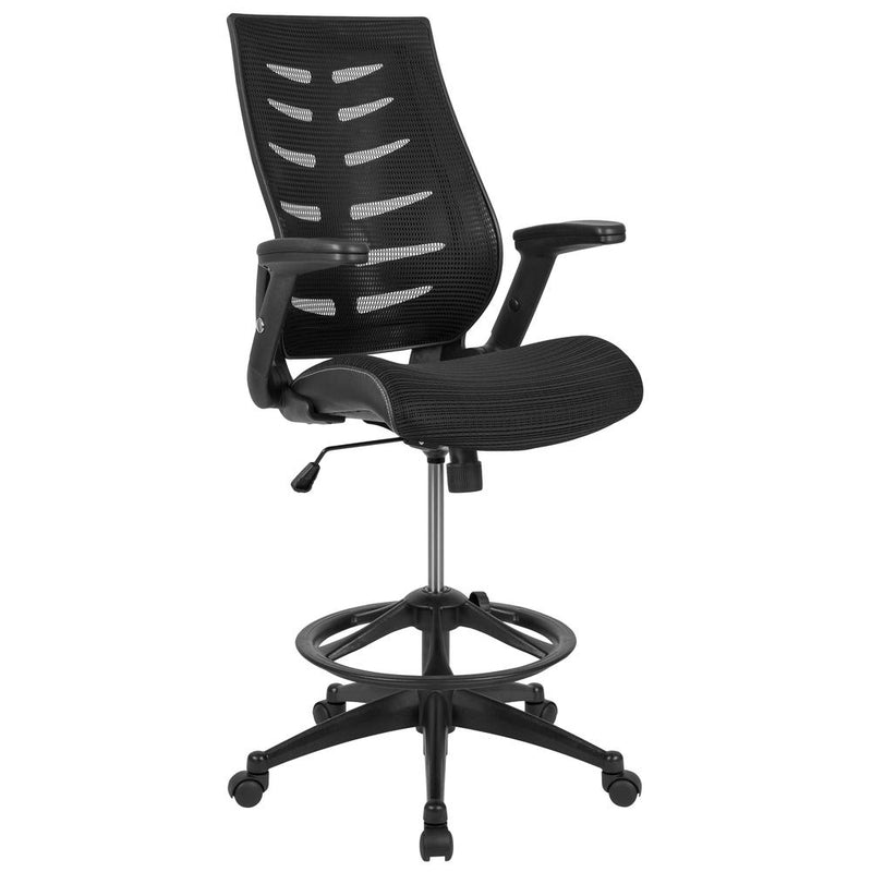 High Back Black Mesh Spine-Back Ergonomic Drafting Chair With Adjustable Foot Ring And Adjustable Flip-Up Arms By Flash Furniture | Office Chairs | Modishstore - 1