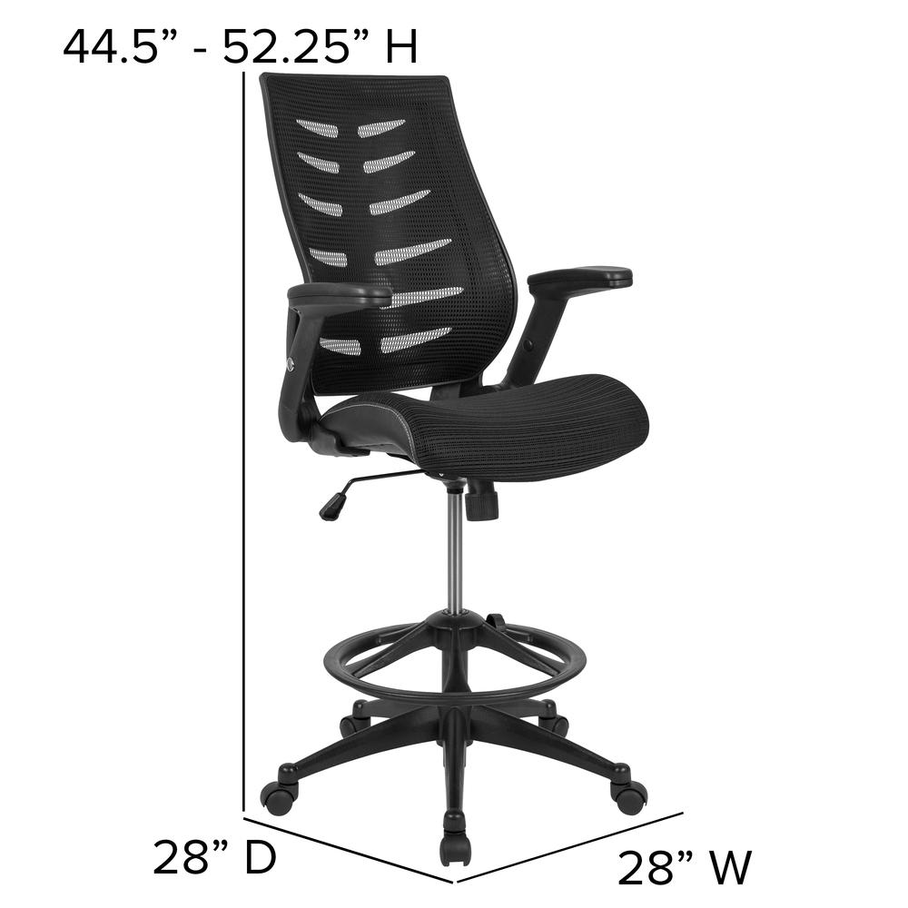 High Back Black Mesh Spine-Back Ergonomic Drafting Chair With Adjustable Foot Ring And Adjustable Flip-Up Arms By Flash Furniture | Office Chairs | Modishstore - 4