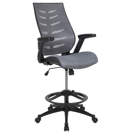 High Back Dark Gray Mesh Spine-Back Ergonomic Drafting Chair With Adjustable Foot Ring And Adjustable Flip-Up Arms By Flash Furniture | Office Chairs | Modishstore