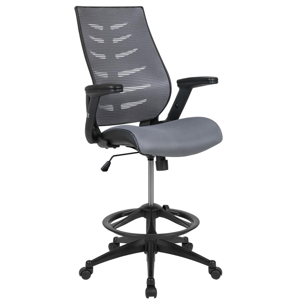 High Back Dark Gray Mesh Spine-Back Ergonomic Drafting Chair With Adjustable Foot Ring And Adjustable Flip-Up Arms By Flash Furniture | Office Chairs | Modishstore - 1