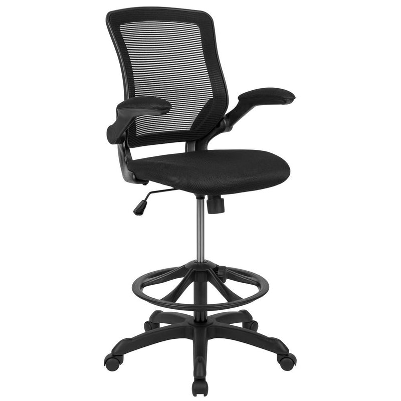 Midback Black Mesh Ergonomic Drafting Chair With Adjustable Foot Ring And Flip-Up Arms By Flash Furniture | Office Chairs | Modishstore