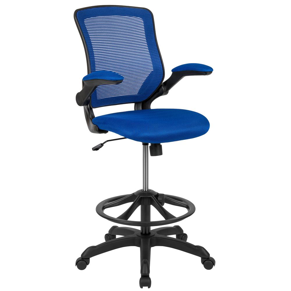 Midback Blue Mesh Ergonomic Drafting Chair With Adjustable Foot Ring And Flip-Up Arms By Flash Furniture | Office Chairs | Modishstore