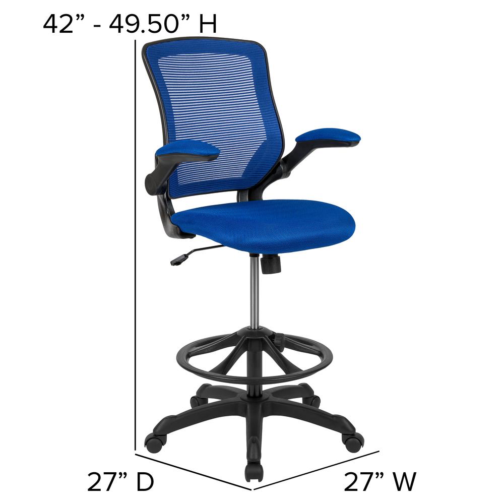 Midback Blue Mesh Ergonomic Drafting Chair With Adjustable Foot Ring And Flip-Up Arms By Flash Furniture | Office Chairs | Modishstore - 4