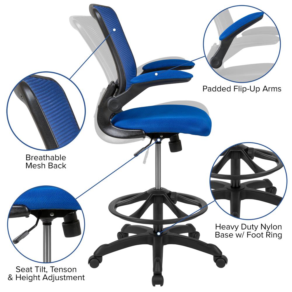 Midback Blue Mesh Ergonomic Drafting Chair With Adjustable Foot Ring And Flip-Up Arms By Flash Furniture | Office Chairs | Modishstore - 3
