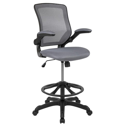 Midback Dark Gray Mesh Ergonomic Drafting Chair With Adjustable Foot Ring And Flip-Up Arms By Flash Furniture | Office Chairs | Modishstore