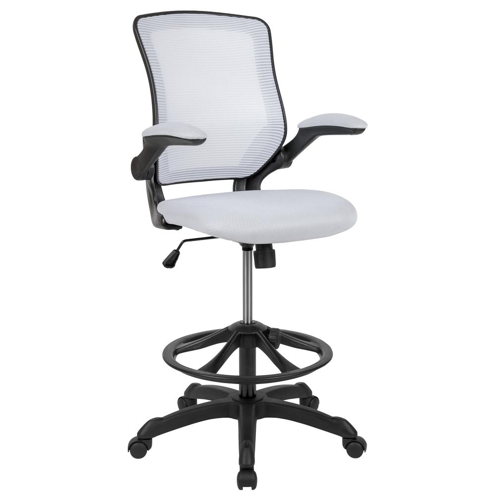 Midback White Mesh Ergonomic Drafting Chair With Adjustable Foot Ring And Flip-Up Arms By Flash Furniture | Office Chairs | Modishstore - 1